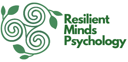 A green background with the words resilient minds psychology in it.